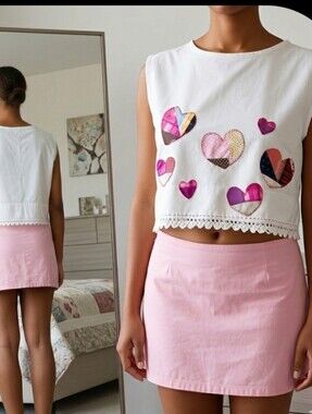 Upcycled Vtg Pillowcase Boxy Crop Top S-M Heart Appliques Dont Throw It Out